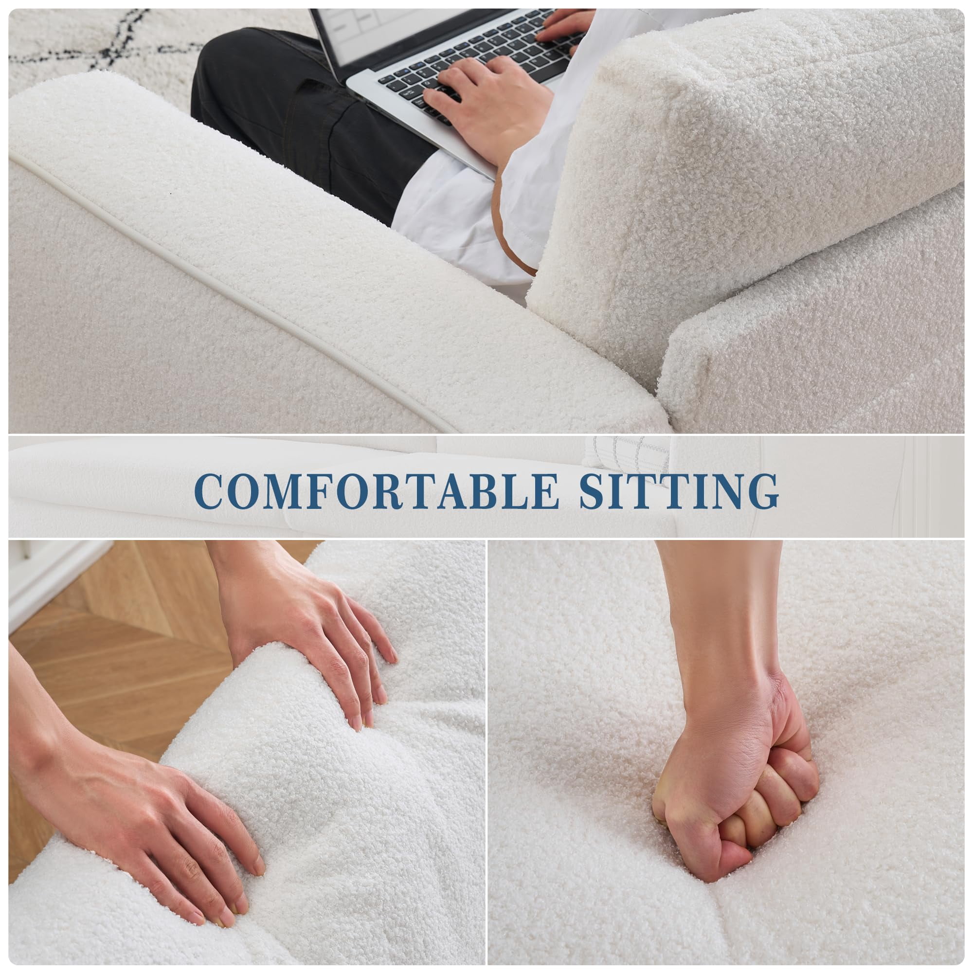 Luku 84" Modern Boucle Sofa Couch, Plush White Loveseat with Streamlined Armrests & Wooden Feet for Living Room