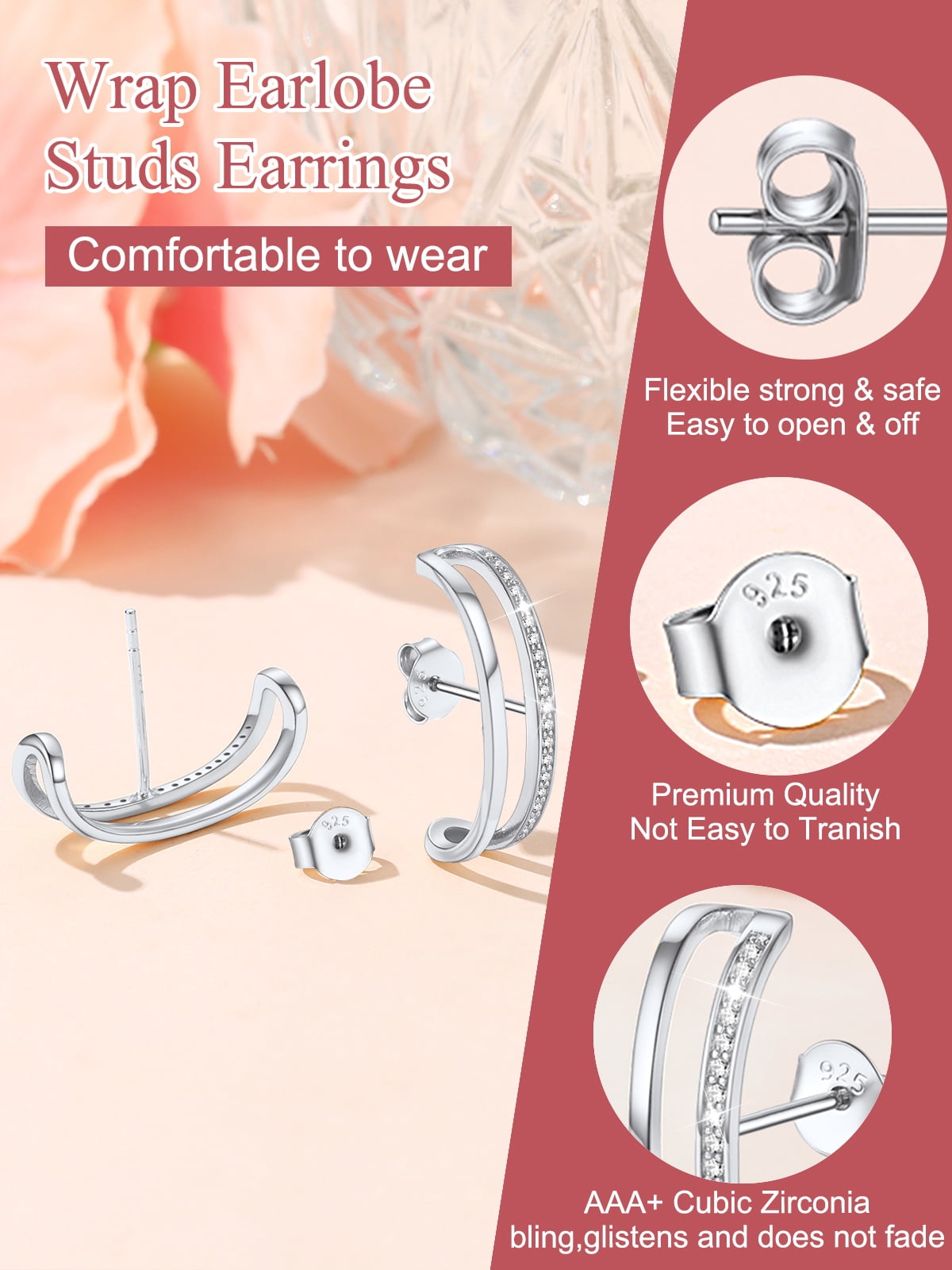 FOCALOOK Suspender Ear Cuff Earrings for Women 925 Sterling Silver Wrap Earlobe Studs Hypoallergenic Minimalist Cubic Zirconia Crawler Climber Huggie Hoop Earrings Jewelry Gift