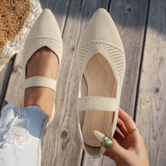 absuyy Womens Breathable Mesh Knit Mary Jane Flats Beige Pointed Toe Comfort Slip-On Lightweight Walking Shoes Casual Work Shoes,Size 5.5