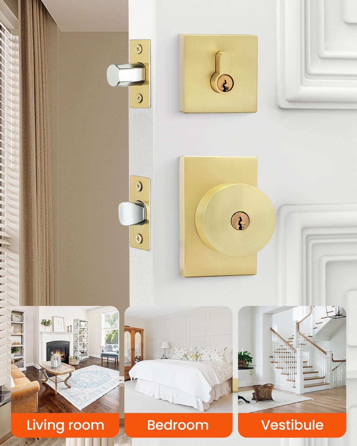 Gold Door Knob with Deadbolt, Zinc Alloy Brushed Gold Keyed Alike Exterior Door Lock Set,Heavy Duty Brushed Brass Front Door Knob and Deadbolt Set with Lock and Key, Reversible (1 Pack)