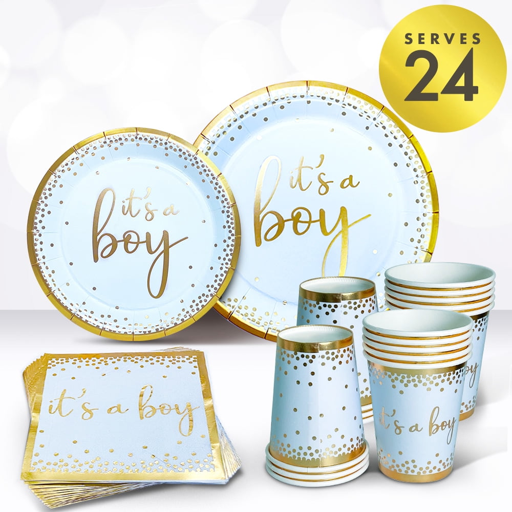 Oh Baby Boy Shower Paper Plates Napkins Cups for 24 with Its a Boy Tableware Set