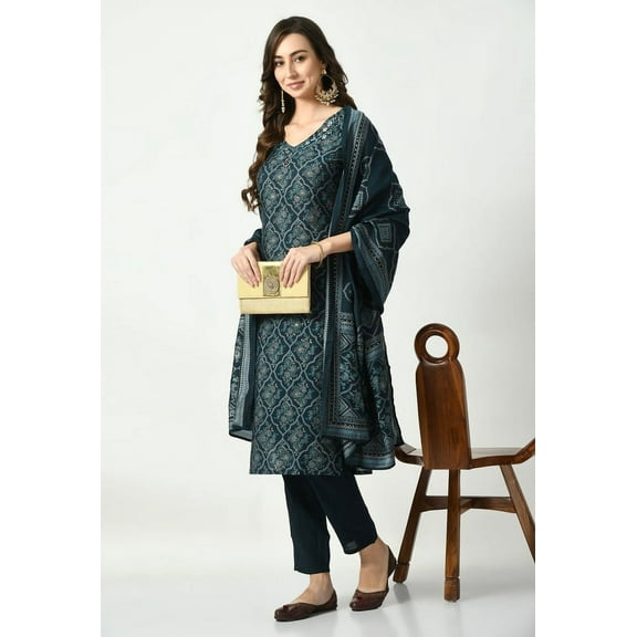S MAJIDA Kurta Set for Women Ajrakh Polyster Blend Kurta Pant Dupatta with 3/4 Sleeve