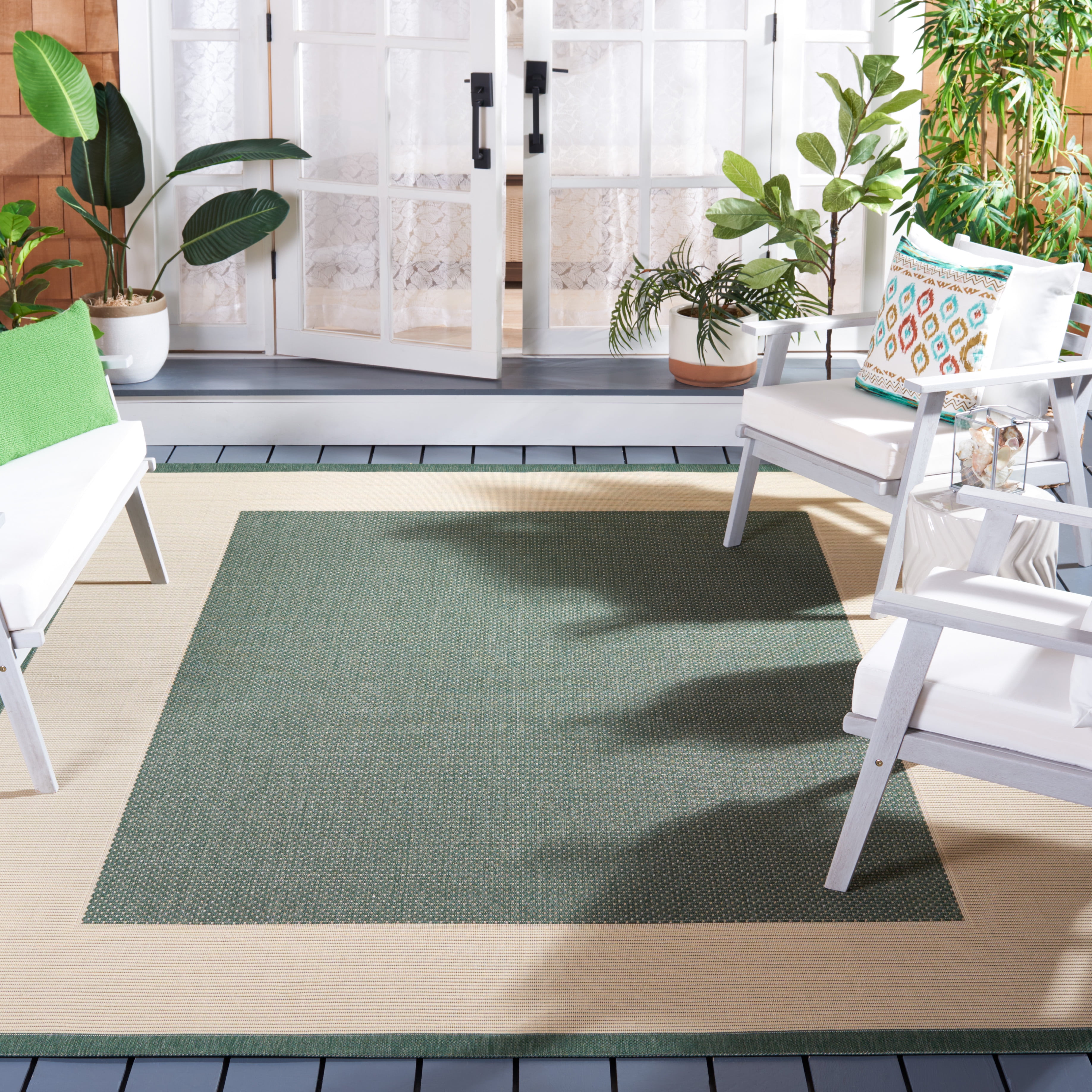 Safavieh Courtyard Justine Bordered Indoor/Outdoor Area Rug, Dark Green/Beige, 10' x 14'