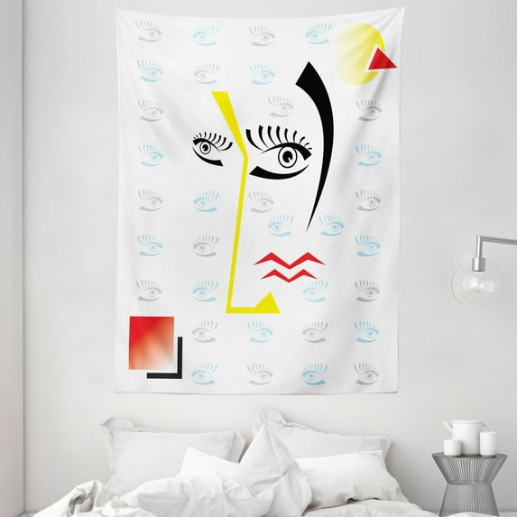 Modern Decor Tapestry, Abstract Trippy Artful with Fractured Human Face and Eyes Geometric Backdrop Image, Wall Hanging for Bedroom Living Room Dorm Decor, 60W X 80L Inches, Multi, by Ambesonne
