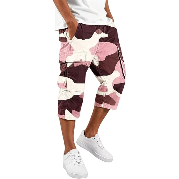 Fabrcox Camo Men's Cargo Pants Elastic Waist Capri Pants Men Breathable Outdoor Activities Hiking Man Work Pants with 4 Pockets L