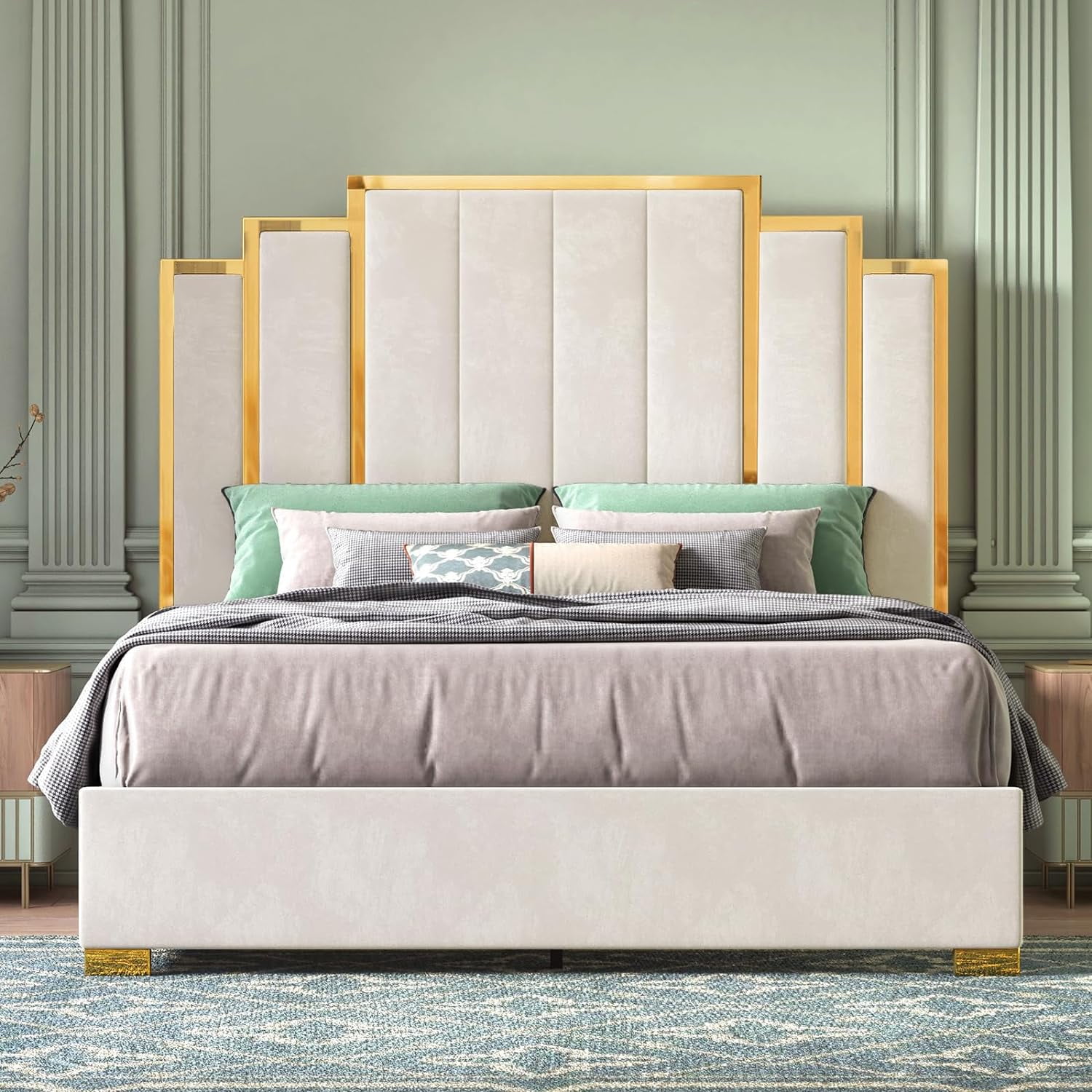 PLAUIN Upholstered King Bed Frame with 61" Headboard, Golden Plating Trim, Cream