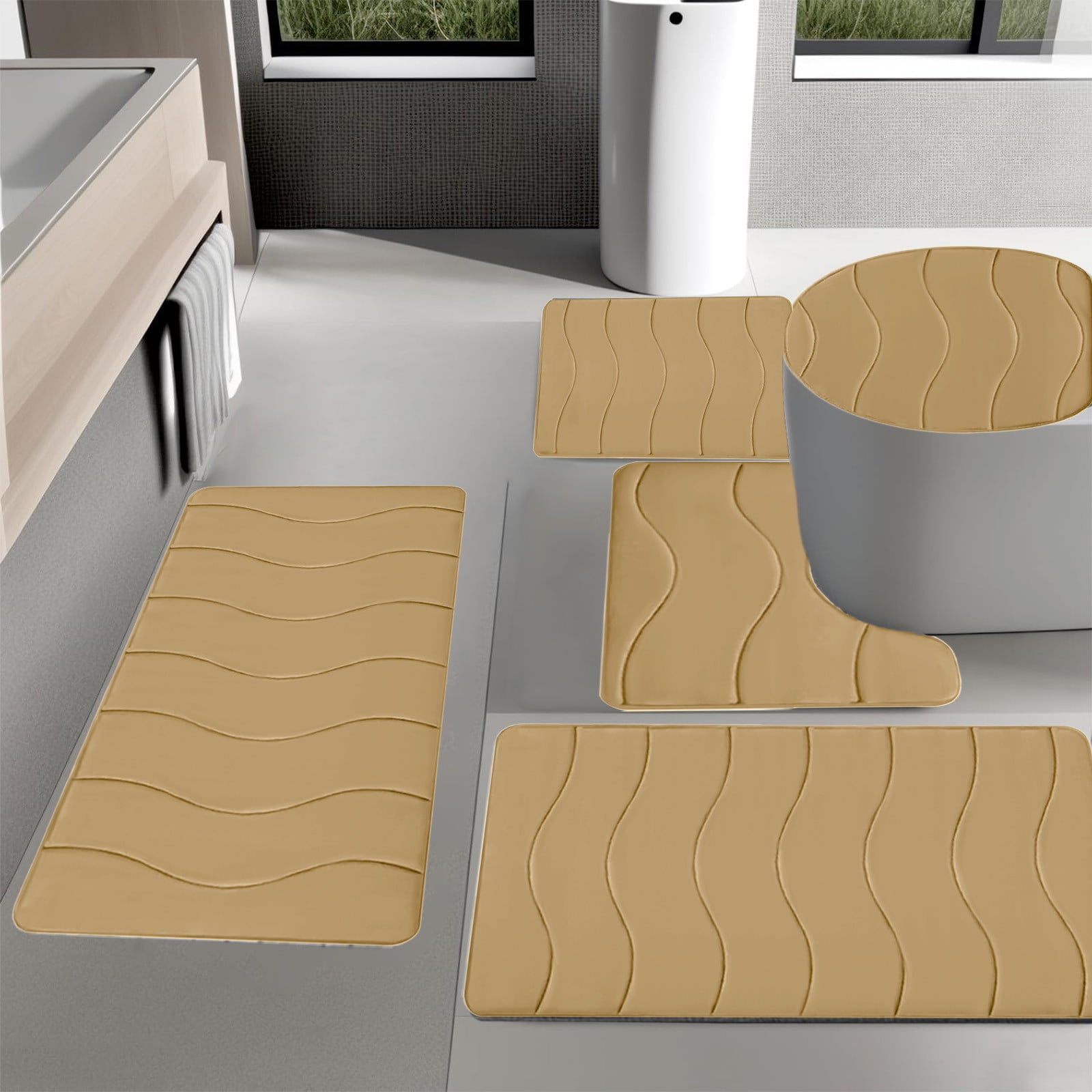 Outoloxit Bathroom Rugs Sets 3 Piece, Foam Bath Mat 5 Set Bathroom Rugs for 5 Pcs Toilet Mats Universal Soft Comfortable Water Absorption Non-Slip Thick Machine Washable Easier to Dry Dark