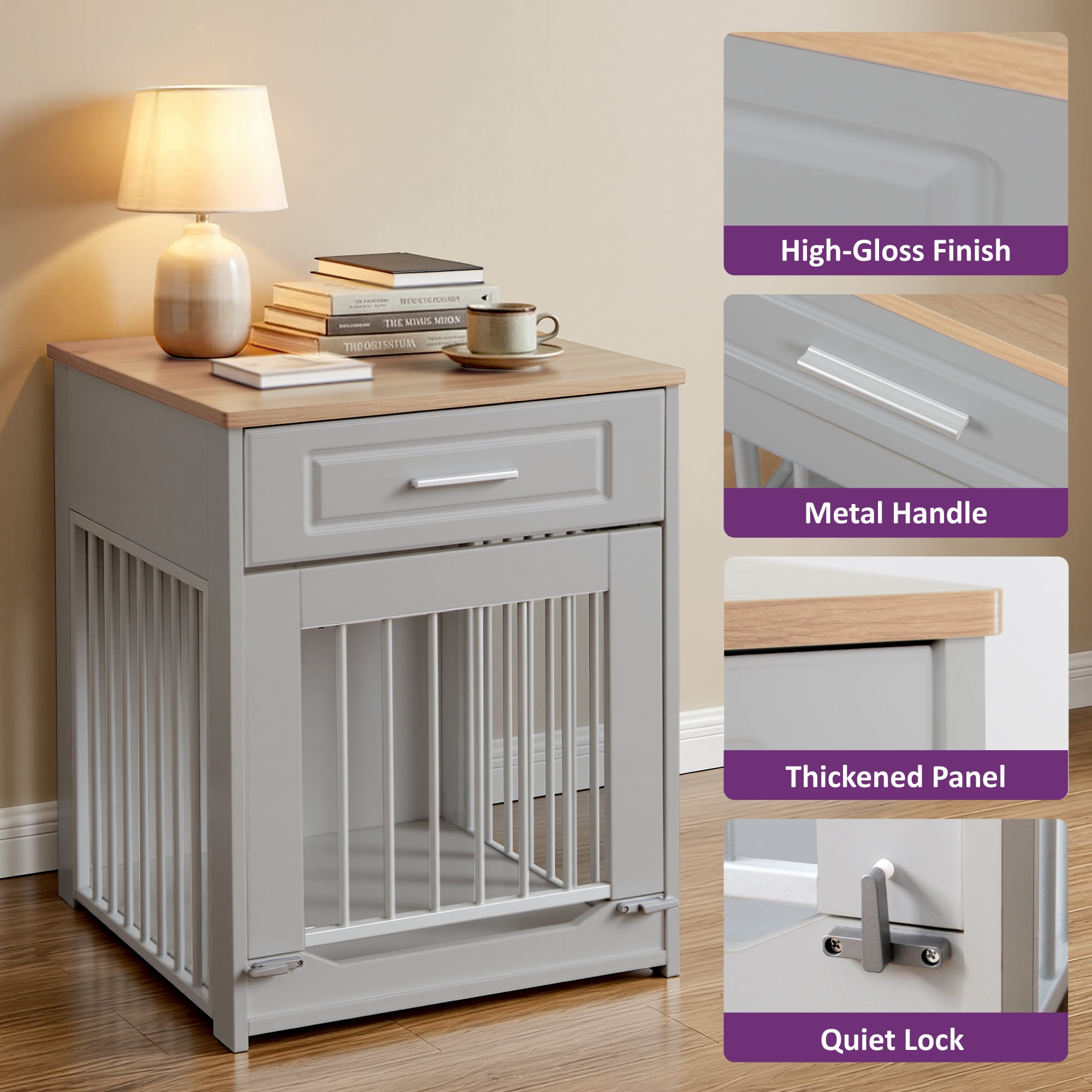 Whifea Farmhouse Wooden Dog Crate Furniture with Flip Up Door & Storage Drawer, 26''H×20''W×24''D, Indoor Pet Kennel for Medium Dogs, Gray