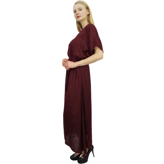 Bimba Women's Wine Rayon Loose Plain Long Maxi Casual Dress With Drawstring-4