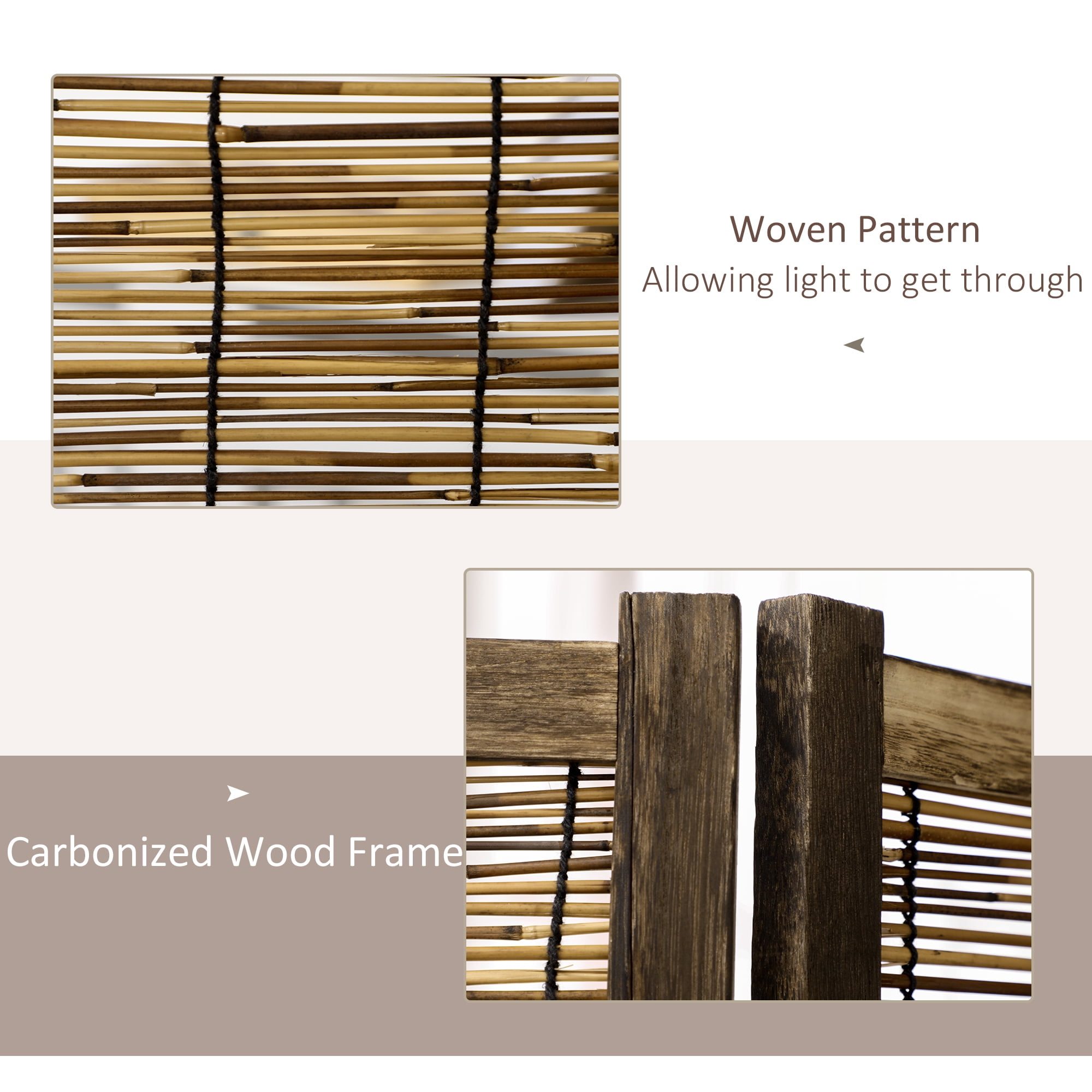 Homcom 4 Panel Room Divider,5.5 Ft Portable Folding Privacy Screens,Reed Hand-Woven Freestanding Partition Wall Dividers for Home Office,Carbonized,Brown Bamboo Household Supplies Décor Privacy