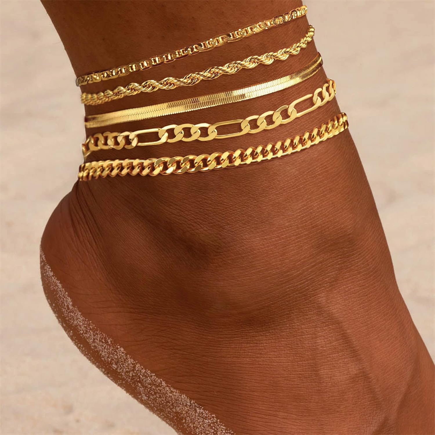 Gold Ankle Bracelets for Women Waterproof - Dainty 6Pcs 14K Gold Plated Anklets Layered Cuban Link Chain Herringbone Cute Anklets Set Pack Summer Beach Jewelry Gift for Women Teen