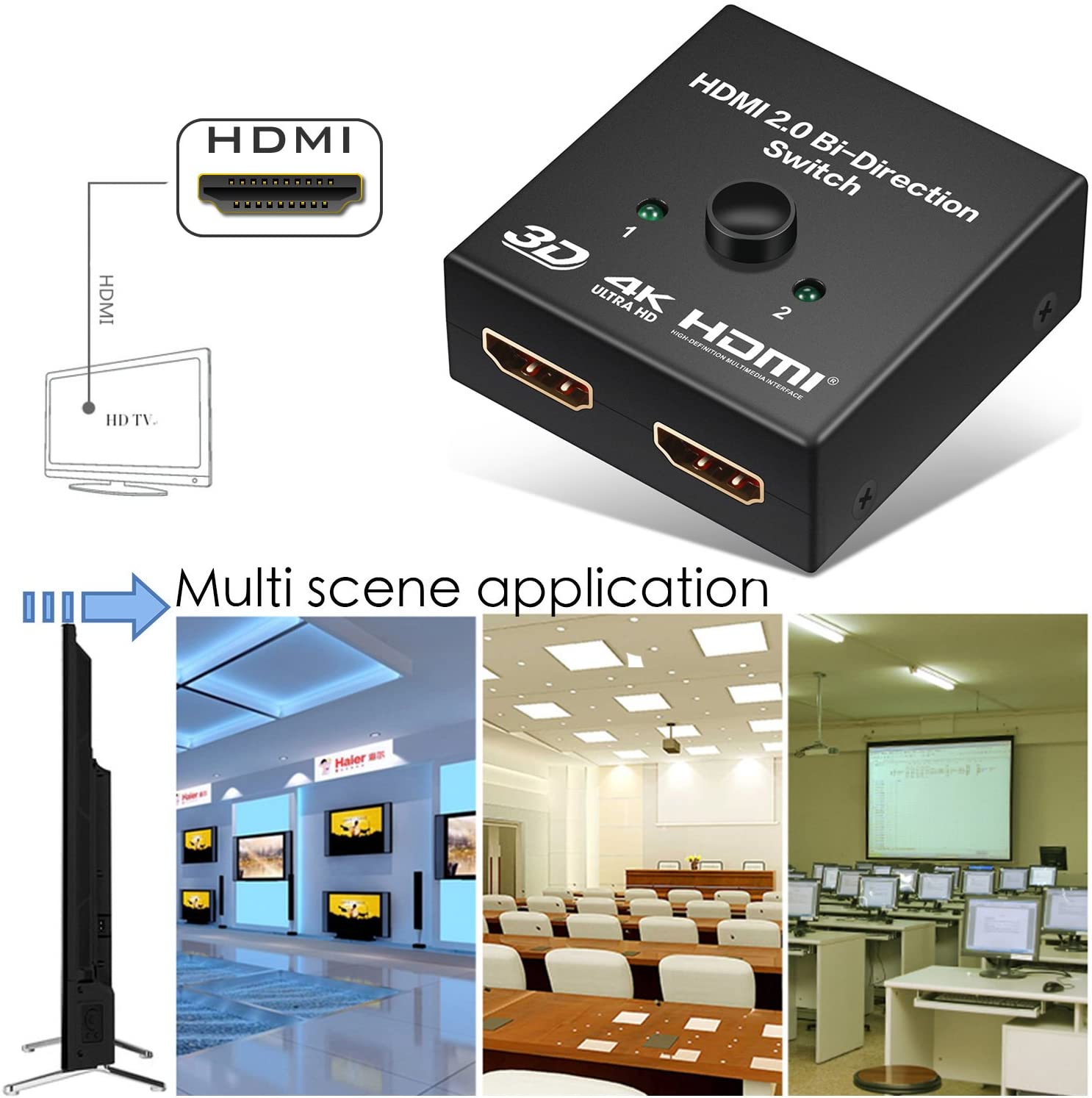 HDMI Splitter, Aluminum HDMI Switch 4K HDMI 2.0 Switcher 1 in 2 Out, HDMI Switch Splitter 2 x 1/1 x 2,Supports 3D 4K@60HZ Full HD1080P for Xbox PS4 Fire Stick Roku Blu-Ray Player Apple - image 4 of 8