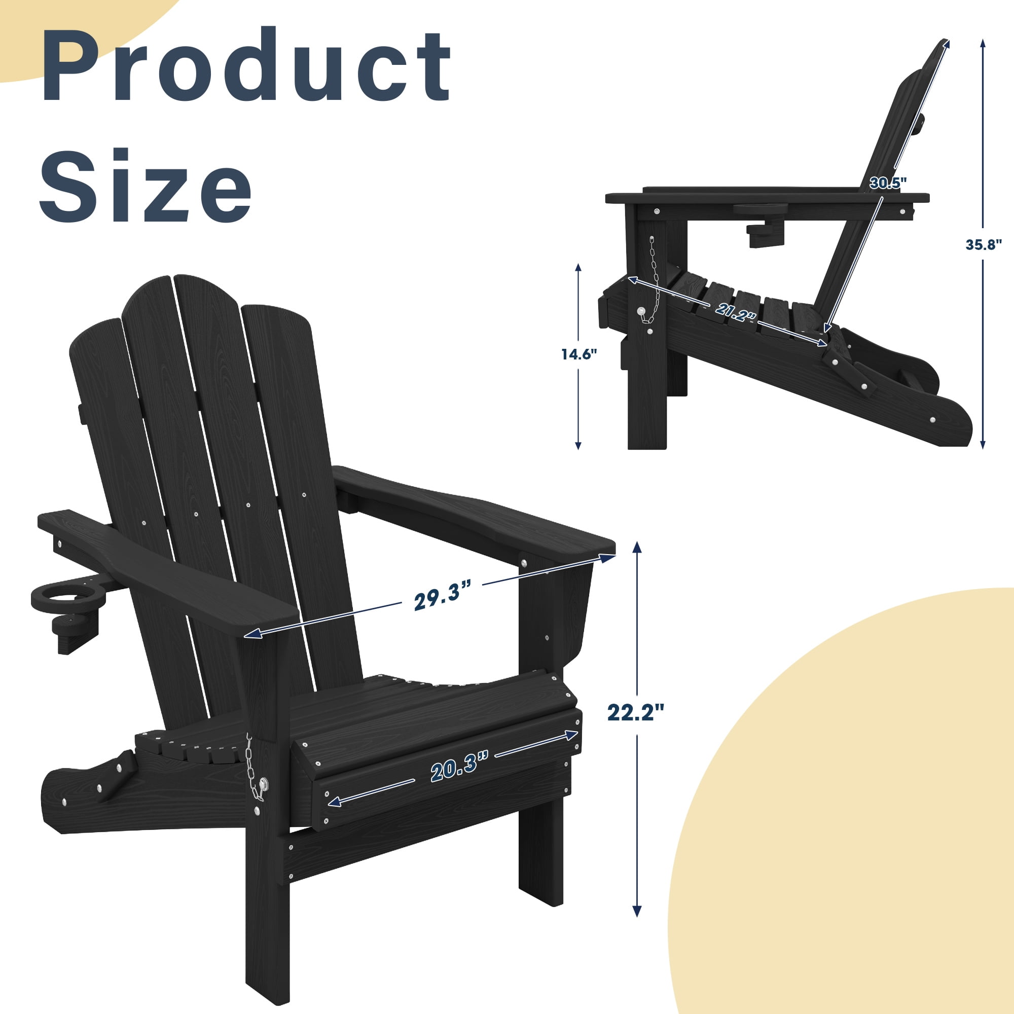 KINGYES Folding Adirondack Chair with Cup Holder, HDPE All-Weather Folding Adirondack Chair, Fir Pit Chairs for Patio Garden Backyard