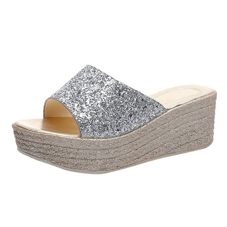 

Cathalem Women Sandals Summer New Pattern Sequins Fashion Wedge Comfortable Versatile Slip On Shoes Silver 38