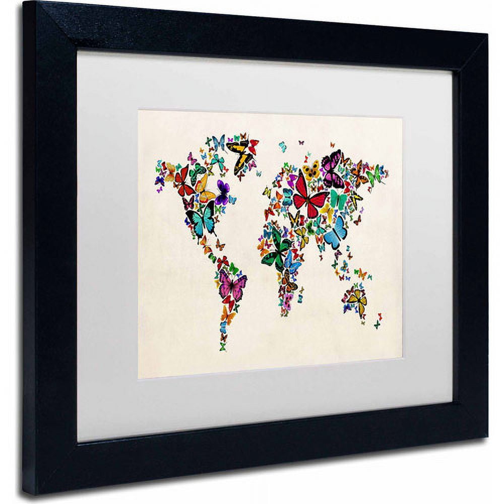 Trademark Fine Art "Butterflies Map of the World II" Canvas Art by Michael Tompsett, White Matte, Black Frame
