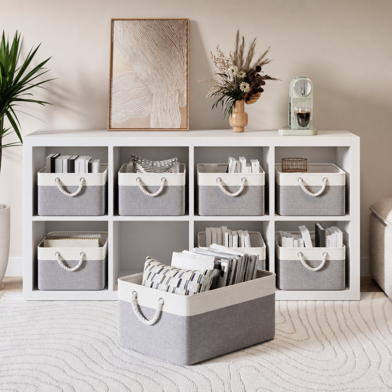 Fenbeli Fabric Storage Baskets Set of 4 Foldable Storage Bins with Cotton Rope Handles for Shelf and Closet, grey and white