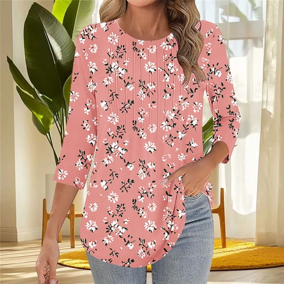 Qulqfy Scoop Neck T Shirts for Women 3/4 Length Sleeve Causal Loose-Fitting Tunic Basics Vacation Women's Summer Tops L