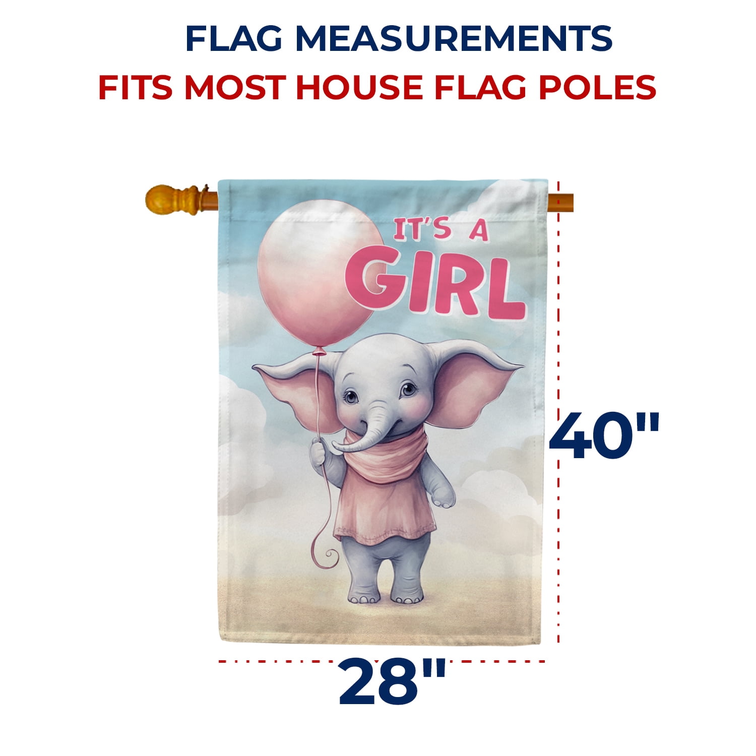 America Forever It's A Girl House Flag 28 x 40 inch Double Sided Elephant Balloons Baby Girl Flag for Baby Shower Birth Announcement Gender Reveal Newborn Baby Welcome Outdoor Yard Decoration