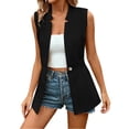 thumbnail image 2 of Women Long Vests Blazer Jackets Button Front Notch Lapel Elastic Waist Mid Length Sleeveless Waistcoat for Business Casual Black S, 2 of 8