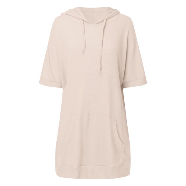 Women's 2025 Summer Oversized Short Sleeve Drawstring Hoodie Knit Side Slit Tunic Tops with Pocket