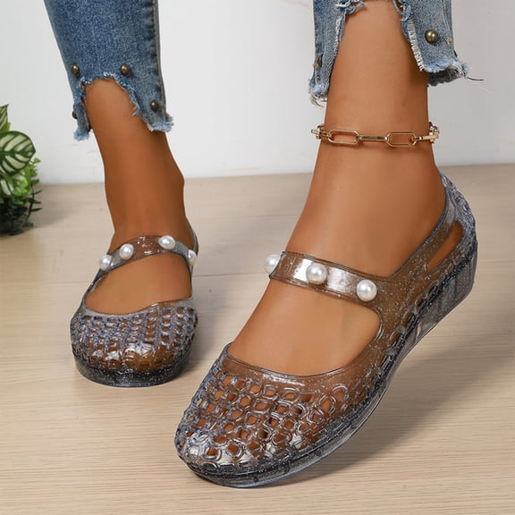 pwidon Women's Mary Jane Jelly Wedge Sandals Waterproof Closed Toe Slip On Pearl Decor Hollow Out Summer Beach Shoes Navy 5.5