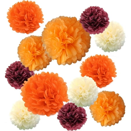 12-Piece Maroon Burgundy Orange Little Pumpkin Party Tissue Pom Poms Paper Flowers Centerpieces Fall Thanksgiving Baby Bridal Shower Wedding Birthday Party Nursery Table Wall Garden Hanging Décor