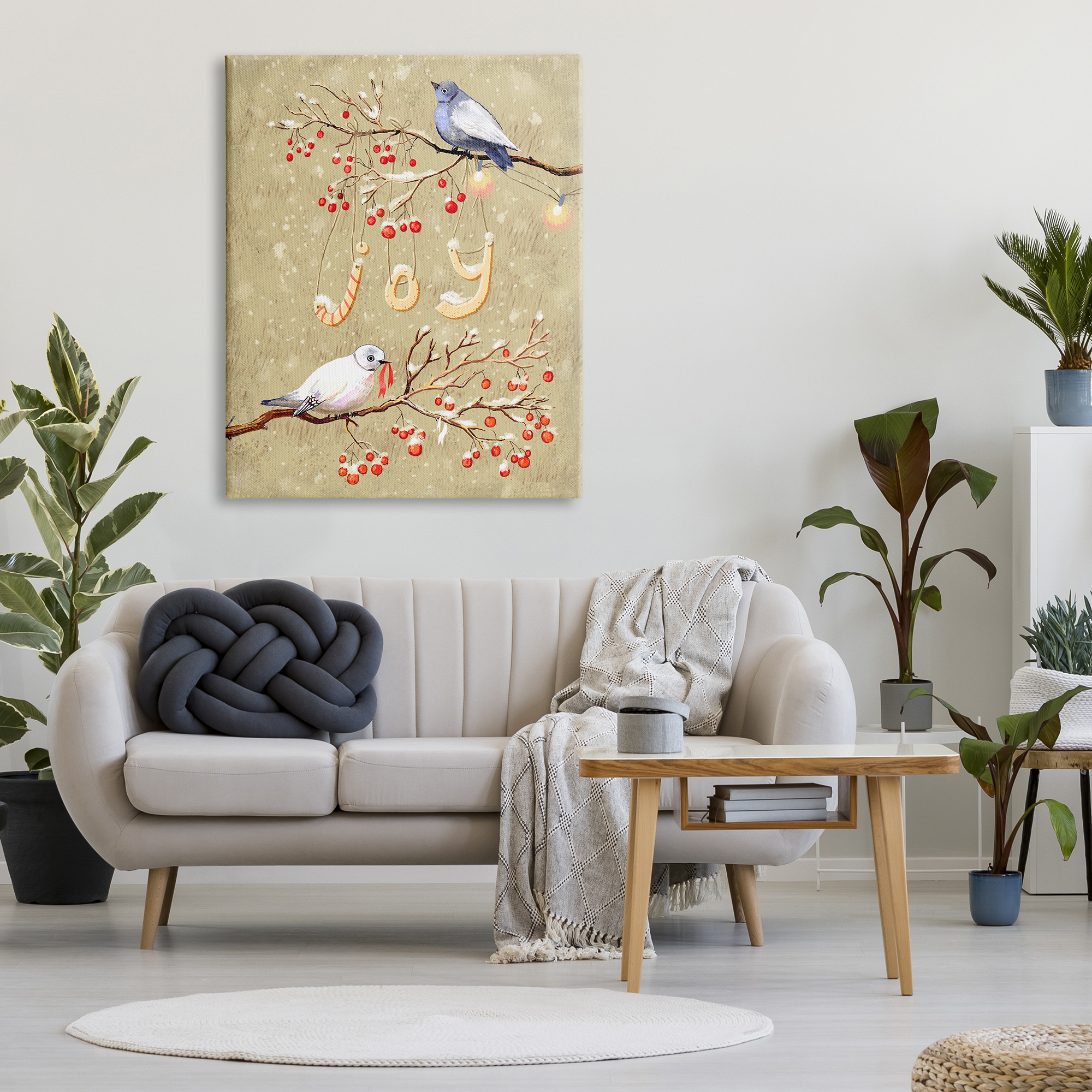 Stupell Industries Joy Birds on Winter Branches Holiday Painting Gallery Wrapped Art Print Wall Art, 36 x 48