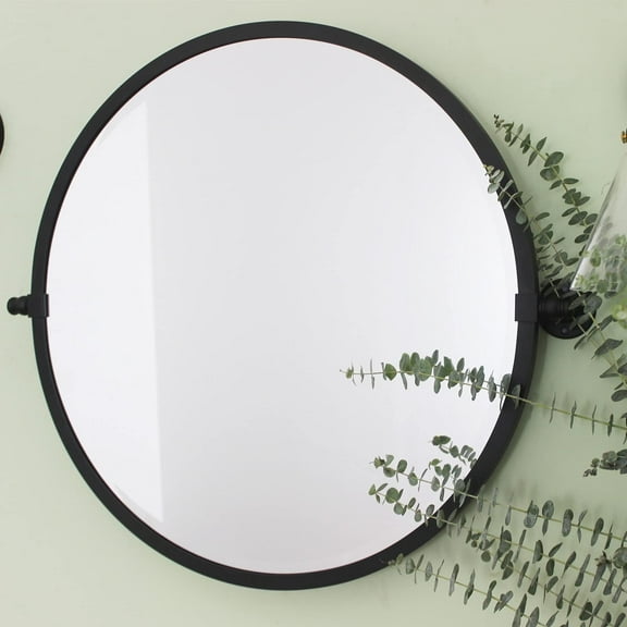 TEHOME Matt Black Metal Frame Round Tilting Bathroom Mirror 26x3x26''