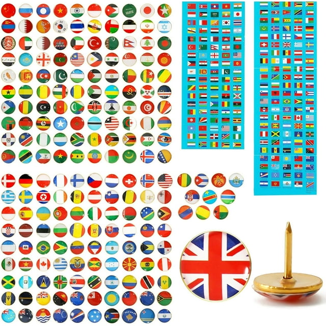 Lunfar 200 Pcs National Flag Pins World Push Pins Thumb Tacks Country Flag Push Pins with National Flag Guide, Map Tacks Flag Map Push Pins for World Map Pins Flag Map Pins for Cork Board, Travel Wo