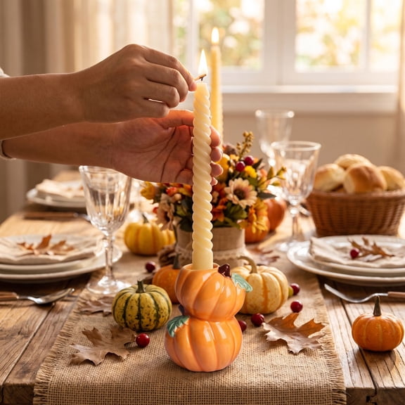 Thanksgiving Pumpkin Shaped Ceramic Candle Holder, Halloween Candle Holder for Scented Tealight, Votive, Pillar Candles, Table Centerpiece, Mantel, Shelf and Holiday Decor