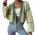 thumbnail image 3 of Women'S Color Block Crop Cardigan Top Long Sleeve Open Front Sweater Matcha Color Style L, 3 of 9
