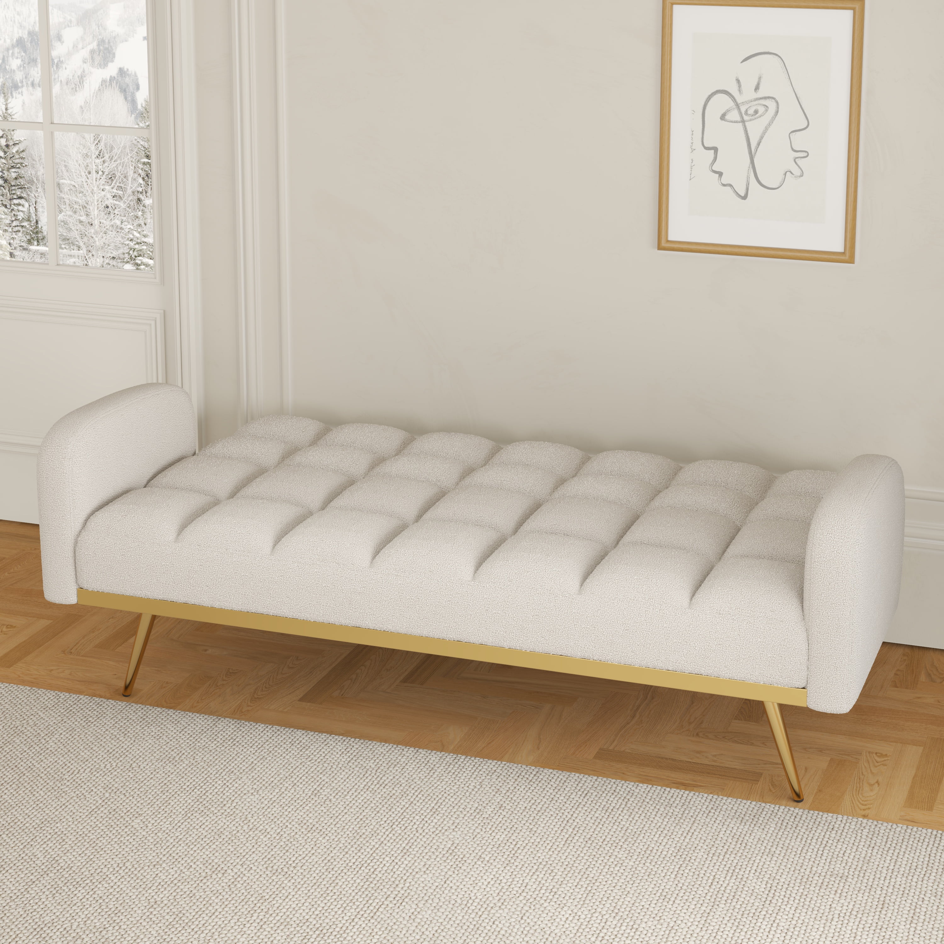 69 inch Futon Sofa Bed Teddy Fleece Convertible Couch Bed with 2 throw pillows Adjustable Sofa for Apartment Small Space,Beige