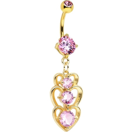 Body Candy Gold Stainless Steel Double Pink Triple Heart Dangle Belly Ring