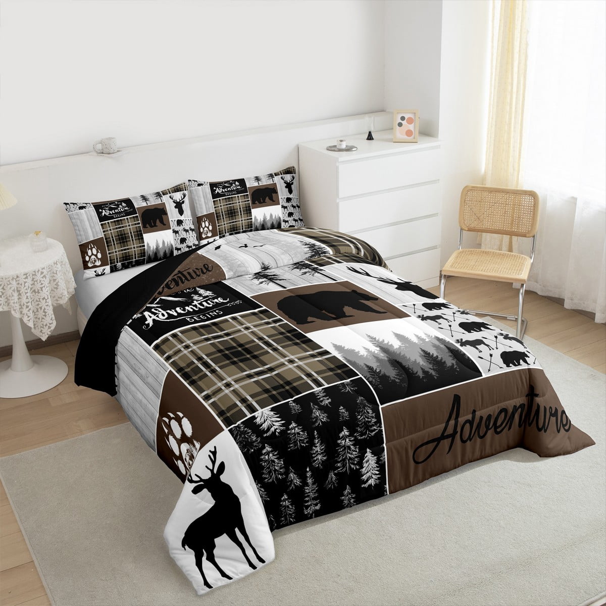 Hunting Bear Deer Bedding Comforter Sets, Rustic Cabin Patchwork Comforter Set Twin, Buffalo Plaid Quilt Farmhouse Cowboy Woodland Duvet Insert Teens Adult Women Bedroom, Brown Gray