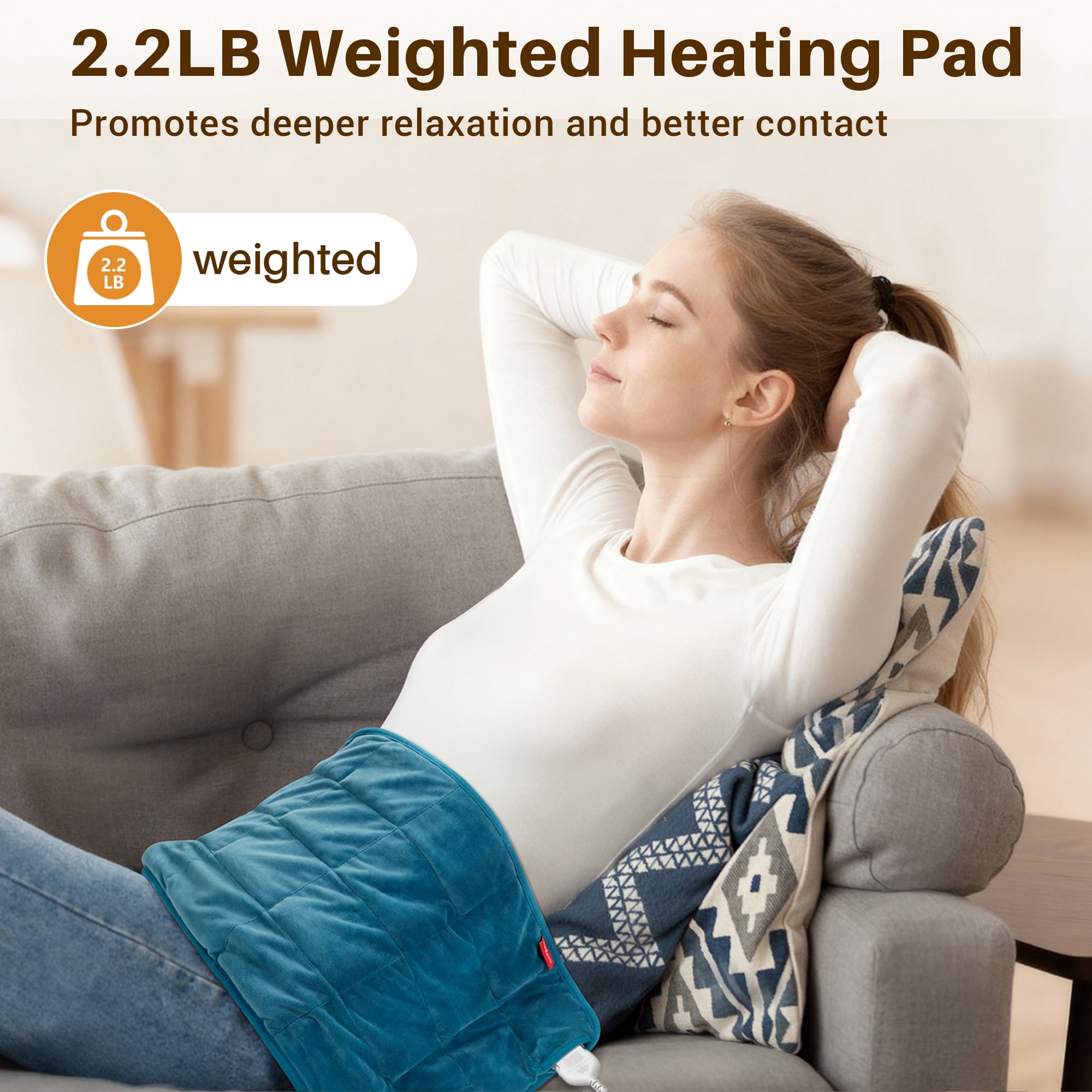 Comfytemp Weighted Heating Pad, 3 Heat Levels, Auto Shut Off, 12"x24", Blue