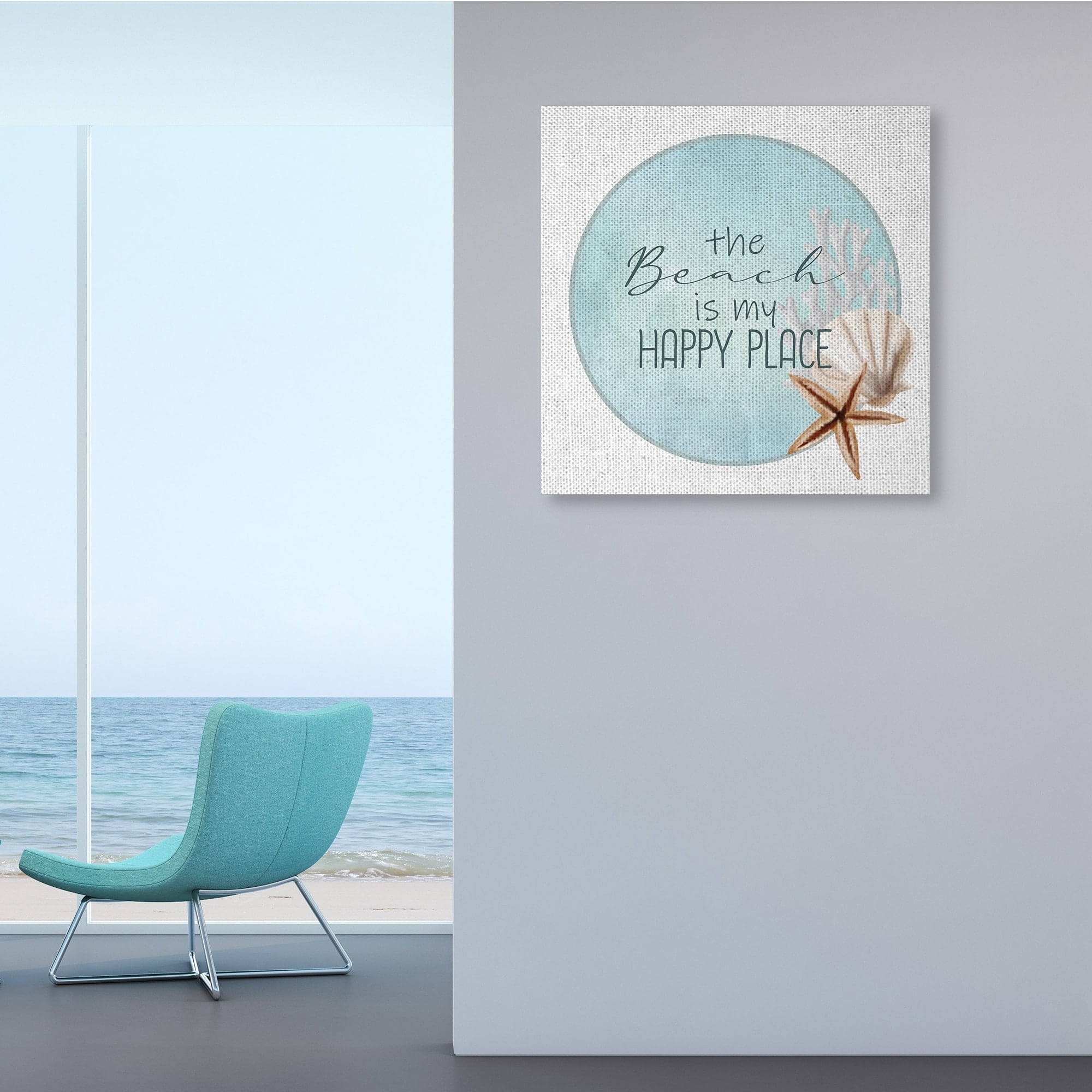Beach is my Happy Place Sentiment Shell Starfish Typography Gallery-Wrapped Canvas Print Wall Art, 17x17