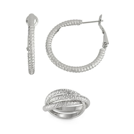 X & O Silver-Tone Textured Ring and Hoop Earring (30mm) Jewelry Set, 2 Piece
