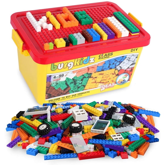 Building Bricks 520 Pieces Set, 500 Basic Building Blocks in 17 Shapes Includes Wheels, Door, Window, Bulk Block with Reusable Storage Box