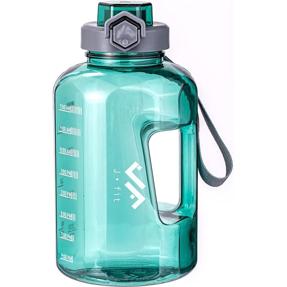 JFIT BPA Free Reusable Sports Water Bottle w/Time Markers, Leakproof Flip-Top Lid & Carry Strap – Durable PETG, 2.28" Wide-Mouth for Ice – Eco-Friendly, Odor-Free & Easy to Clean