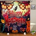 thumbnail image 3 of Halloween Bathroom Four-Piece Set with Shower Curtain,Bathroom Mat,U-Shaped Rug,Toilet Lid Cover,Happy Halloween Shower Curtain Set with 12pcs Hooks Accessories,Halloween Theme Bathroom Decor, 3 of 6