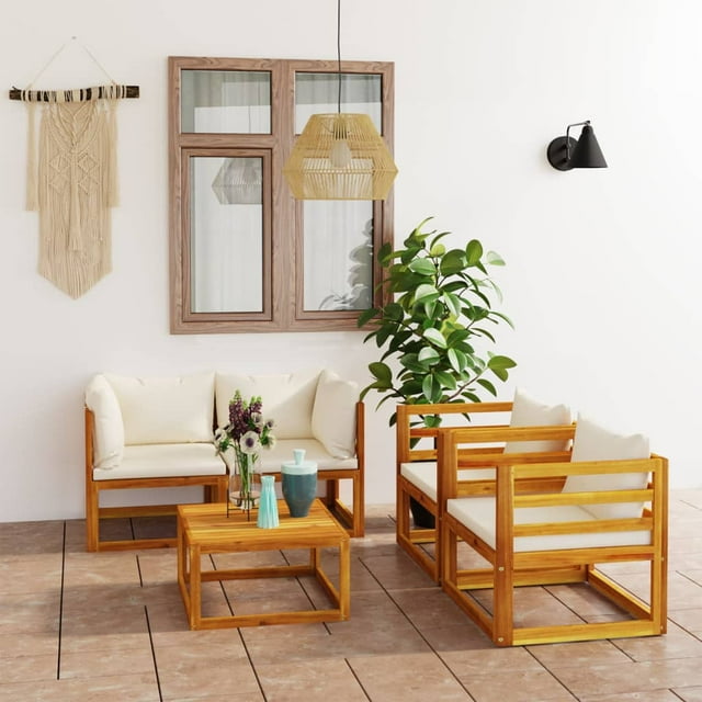 vidaXL 5 Piece Garden Lounge Set with Cushion Cream Solid Acacia Wood