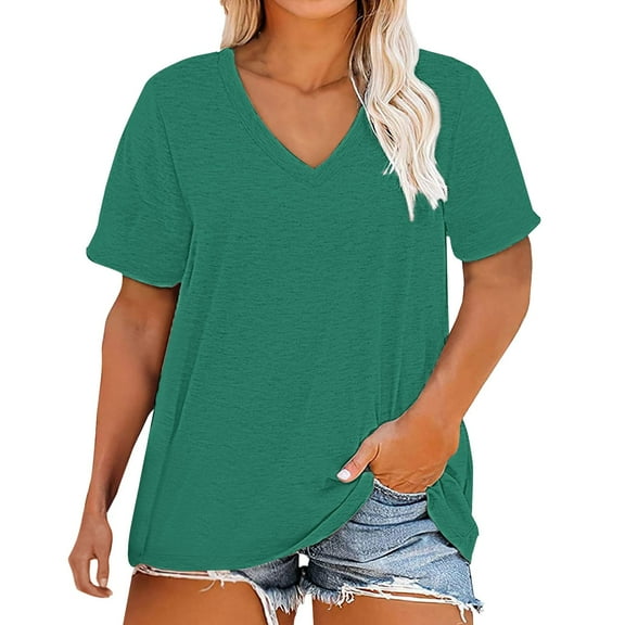 Plus Size V Neck T Shirts Women, Yigetop Plus Size V Neck T Shirts Women Short Sleeve Tops Casual Summer Tshirts Loose Fit Tee Plus Size T Shirts Green XL