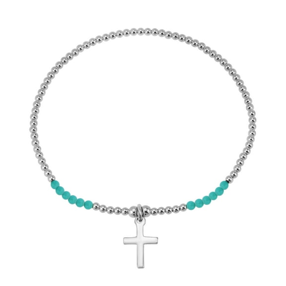Meaningful Faith Cross Green Turquoise Charm Sterling Silver Beaded Bracelet