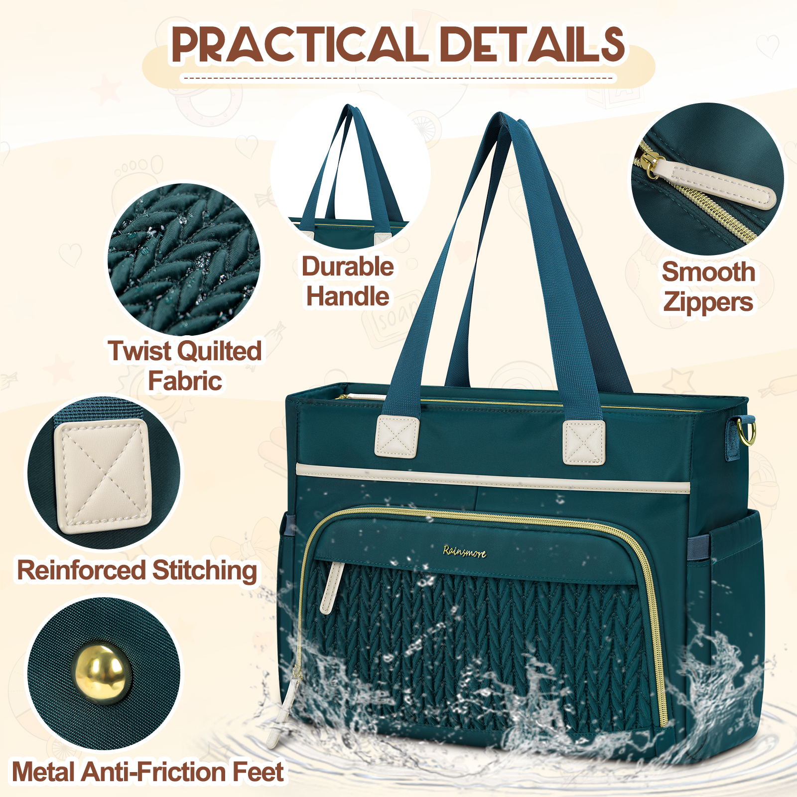 RAINSMORE Diaper Bag Tote, Large Diaper Baby Bag Waterproof Multifunctional Diaper Bag with Pacifier Case & Changing Pad