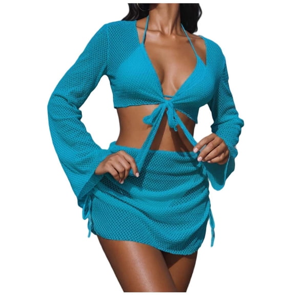 Byworldtasic Womens Crochet Swimsuit Coverups 2 Piece Bathing Suit Cover Up Long Sleeve Tie Front Crop Top Mini Skirt Sets