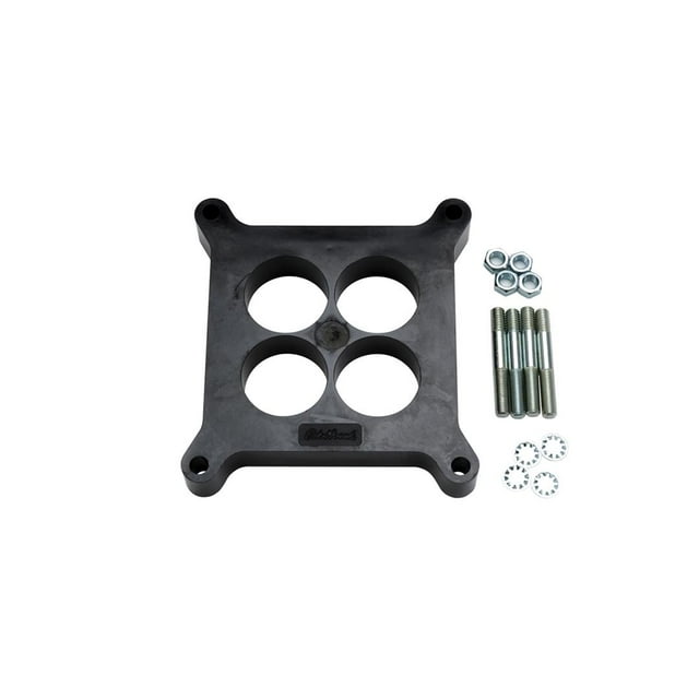 Edelbrock Carburetor Spacer 8711 For Use With Square Bore Flange; 4-Hole Center; 1 Inch Thick; Black; Phenolic Plastic; Studs and Washers
