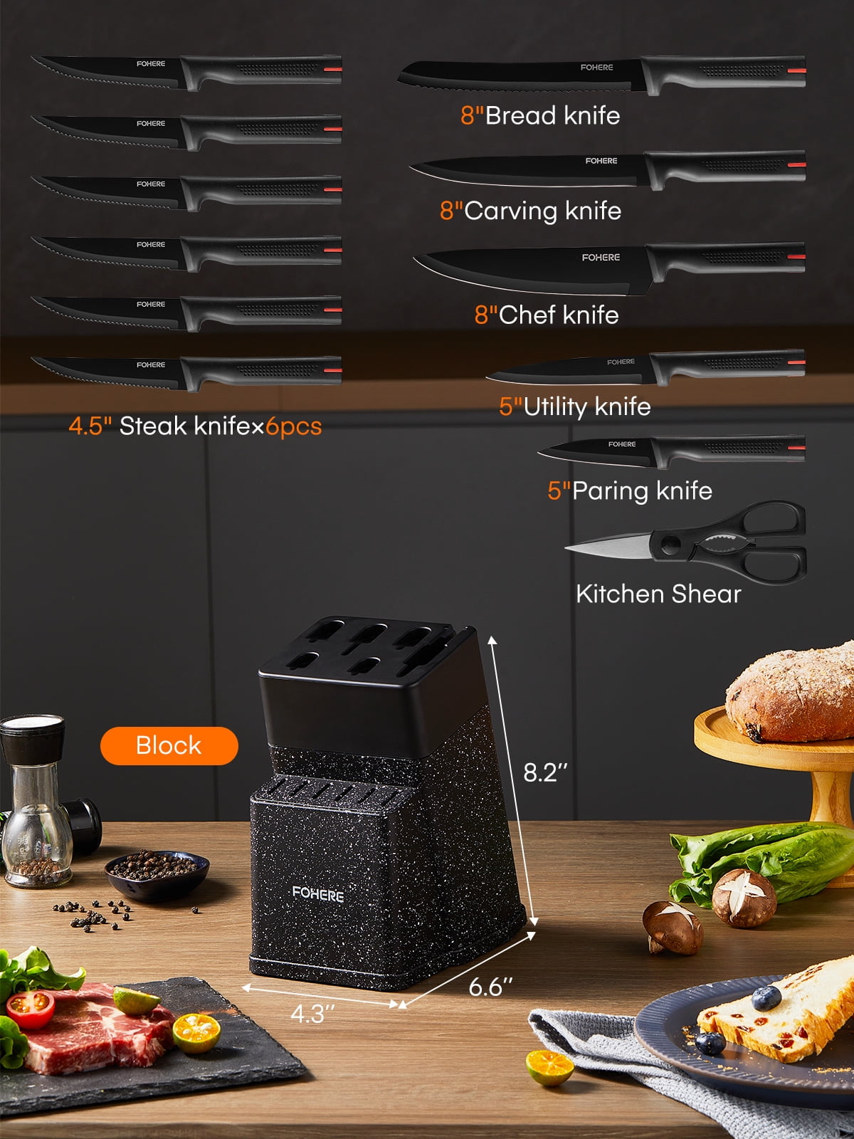 FOHERE 13 Pieces Knife Set with Block, Stainless Steel Knive Sets for Kitchen with Built-in Sharpener Sharp Granite Kitchen Knife Block Set with Anti-slip Handle Rust Resistant, Black