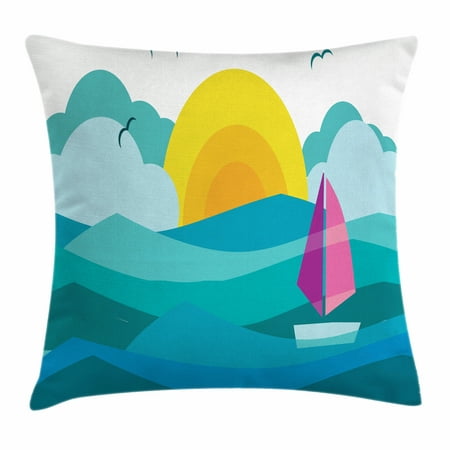 Colorful Throw Pillow Cushion Cover, Contemporary Art Style Sunny View of Ocean with Sailing Yacht Marine Travel Hobby, Decorative Square Accent Pillow Case, 16 X 16 Inches, Multicolor, by