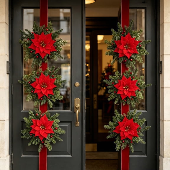 Fmbmuo Christmas Wreath 35 Inch Red Poinsettia Garland Ribbon Door Hanging Ornament For Holiday Mantel Window Decor,Red