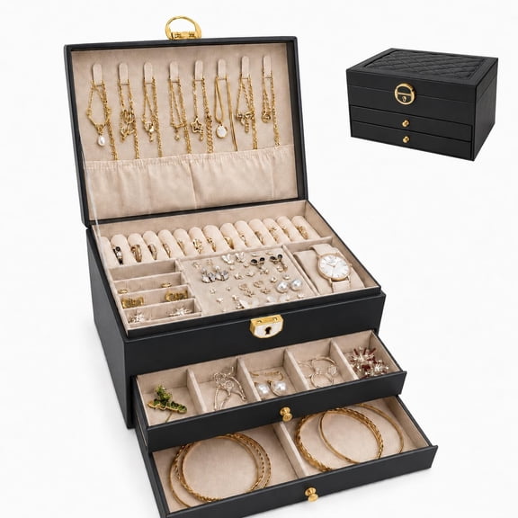 Jewelry Organizer Box for Women, 3-Layer Large Jewelry Organizer and Storage with 2 Drawers, Jewelry Organizer for Necklaces Rings Earrings Bracelets, Lockable, Modern,Gift Idea,Black